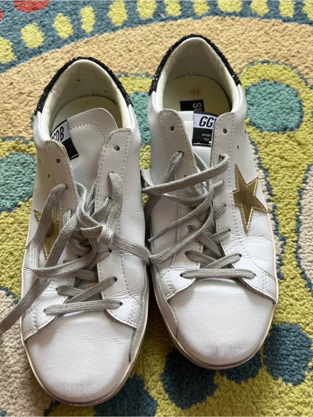 Golden Goose Super-Star White Leather Sneakers with Black Glitter Heel Counter